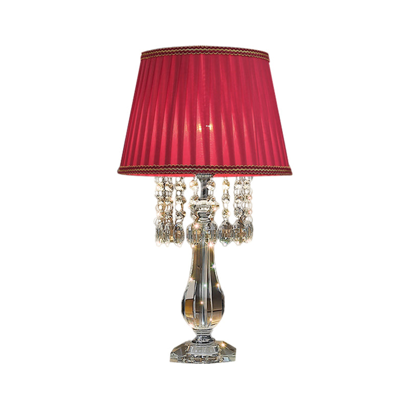 Beige/Burgundy/Sky Blue 1 Bulb Nightstand Lamp Traditional Clear Crystal Beads Bell/Pleated Shade Table Light for Bedroom Clearhalo 'Lamps' 'Table Lamps' Lighting' 1503256