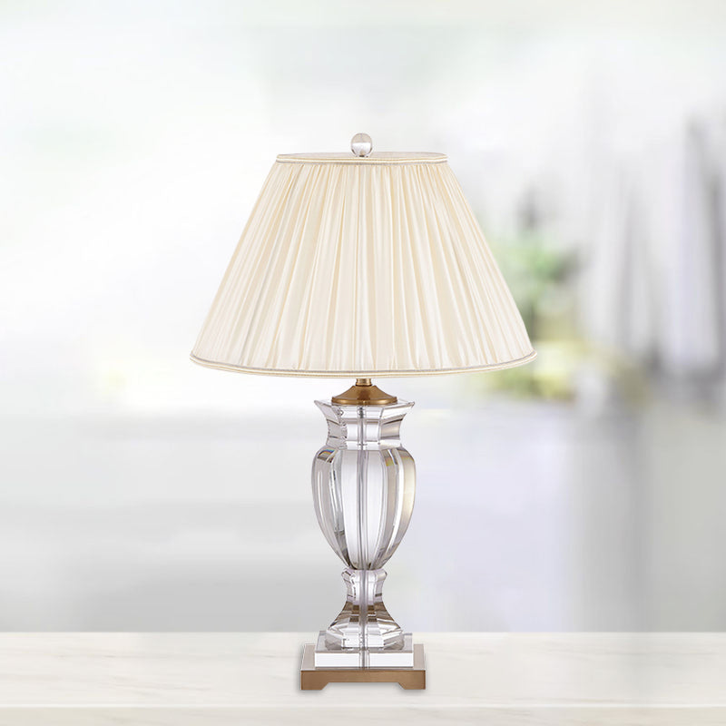 1 Bulb Night Stand Lighting with Tapered Shade Fabric Traditional Bedside Crystal Table Lamp in White Clear Clearhalo 'Lamps' 'Table Lamps' Lighting' 1503311