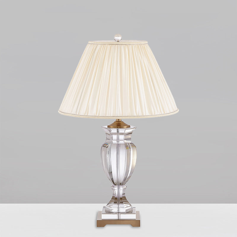 1 Bulb Night Stand Lighting with Tapered Shade Fabric Traditional Bedside Crystal Table Lamp in White Clearhalo 'Lamps' 'Table Lamps' Lighting' 1503312