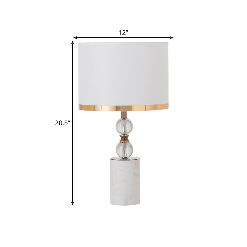 White 1 Head Crystal Table Light Traditional Fabric Cylinder Shade Night Stand Lamp with Marble Base Clearhalo 'Lamps' 'Table Lamps' Lighting' 1503318