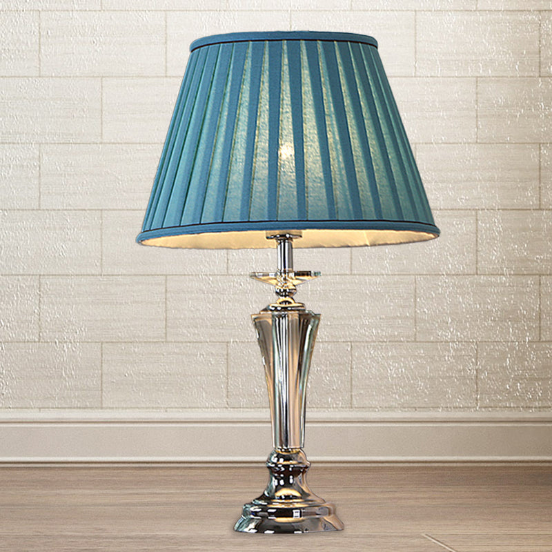 Fabric Blue/White Nightstand Lamp Pleated/Scalloped Shade 1 Head Traditional Crystal Table Light for Bedchamber Blue Clearhalo 'Lamps' 'Table Lamps' Lighting' 1503385