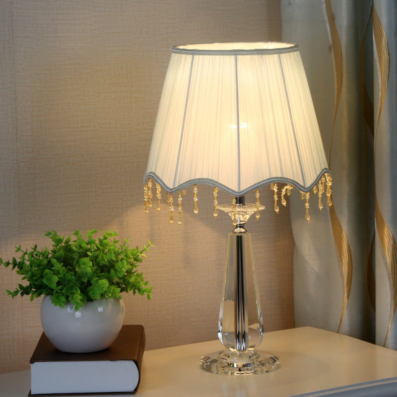 Red/Blue/Green/Beige Scalloped Shade Nightstand Lamp Traditional Fabric 1 Head Sleeping Room Crystal Table Light Green Clearhalo 'Lamps' 'Table Lamps' Lighting' 1503412