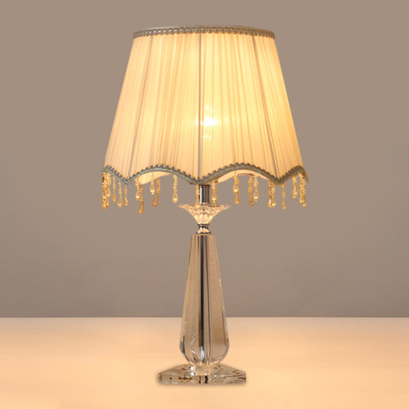 Red/Blue/Green/Beige Scalloped Shade Nightstand Lamp Traditional Fabric 1 Head Sleeping Room Crystal Table Light Beige Clearhalo 'Lamps' 'Table Lamps' Lighting' 1503416
