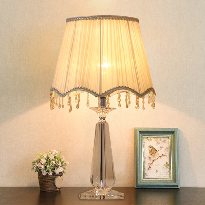 Red/Blue/Green/Beige Scalloped Shade Nightstand Lamp Traditional Fabric 1 Head Sleeping Room Crystal Table Light Clearhalo 'Lamps' 'Table Lamps' Lighting' 1503418