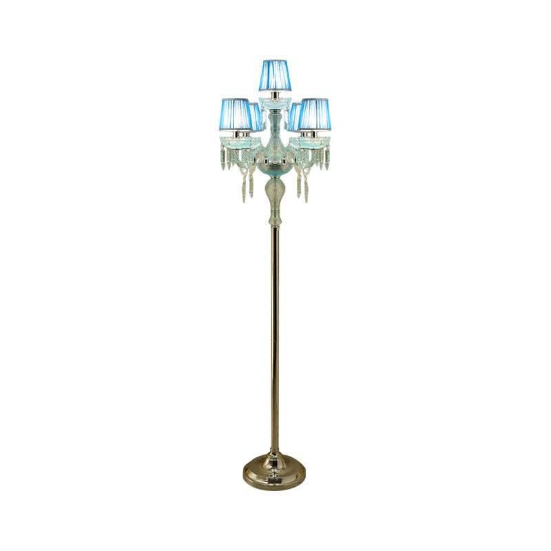 Blue 5/6/7-Bulb Standing Light Traditional Crystal Candelabra Reading Floor Lamp with Barrel Pleated Shade Clearhalo 'Floor Lamps' 'Lamps' Lighting' 1503584