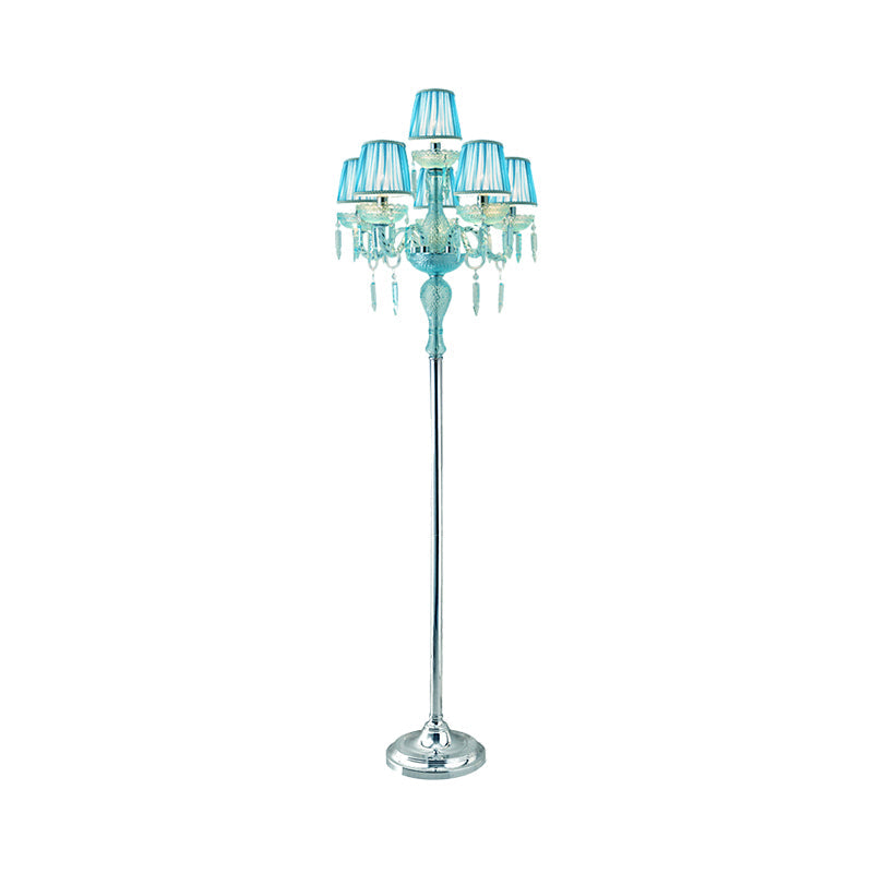 Blue 5/6/7-Bulb Standing Light Traditional Crystal Candelabra Reading Floor Lamp with Barrel Pleated Shade Clearhalo 'Floor Lamps' 'Lamps' Lighting' 1503589