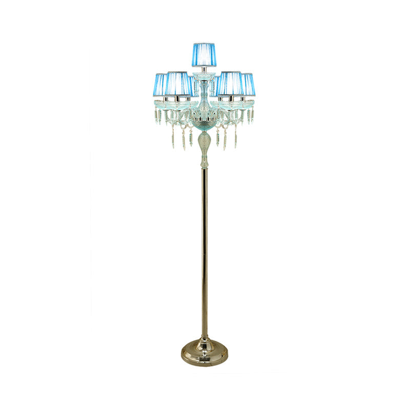 Blue 5/6/7-Bulb Standing Light Traditional Crystal Candelabra Reading Floor Lamp with Barrel Pleated Shade Clearhalo 'Floor Lamps' 'Lamps' Lighting' 1503594