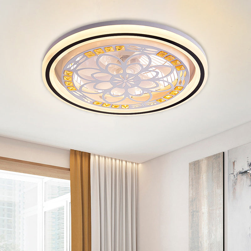 21.5' W LED Crystal Blocks Hanging Fan Lamp Contemporary White Round Dinning Room Semi Flush Light with 7 Blades White A Clearhalo 'Ceiling Fans with Lights' 'Ceiling Fans' 'Modern Ceiling Fans' 'Modern' Lighting' 1503672