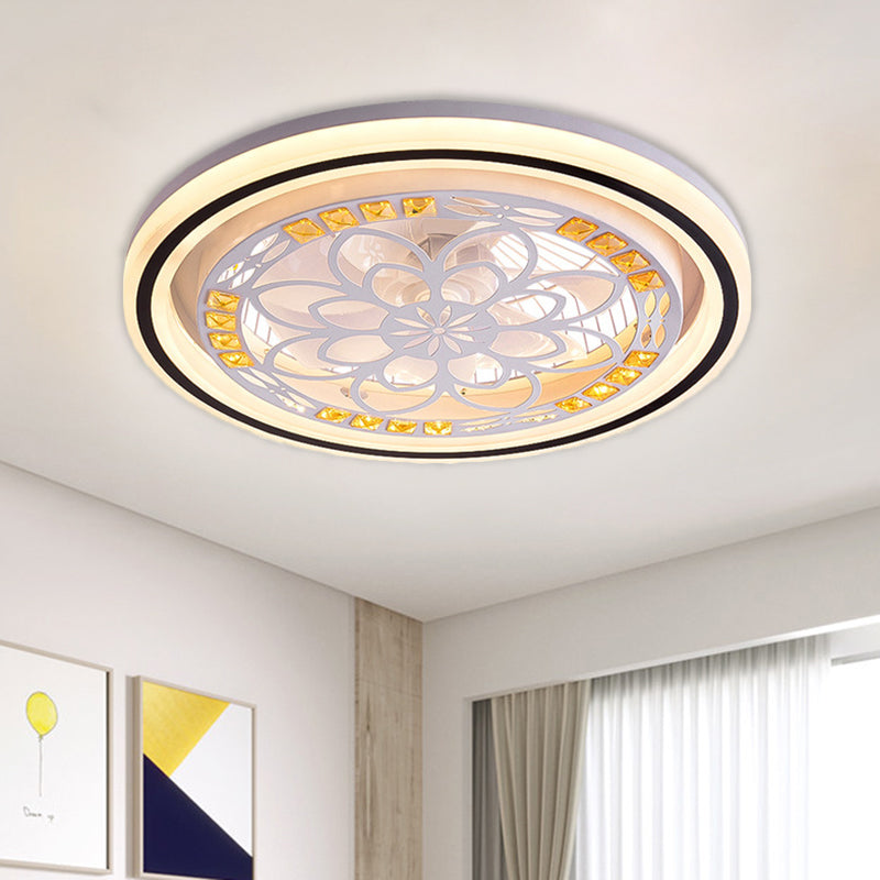 21.5' W LED Crystal Blocks Hanging Fan Lamp Contemporary White Round Dinning Room Semi Flush Light with 7 Blades Clearhalo 'Ceiling Fans with Lights' 'Ceiling Fans' 'Modern Ceiling Fans' 'Modern' Lighting' 1503673