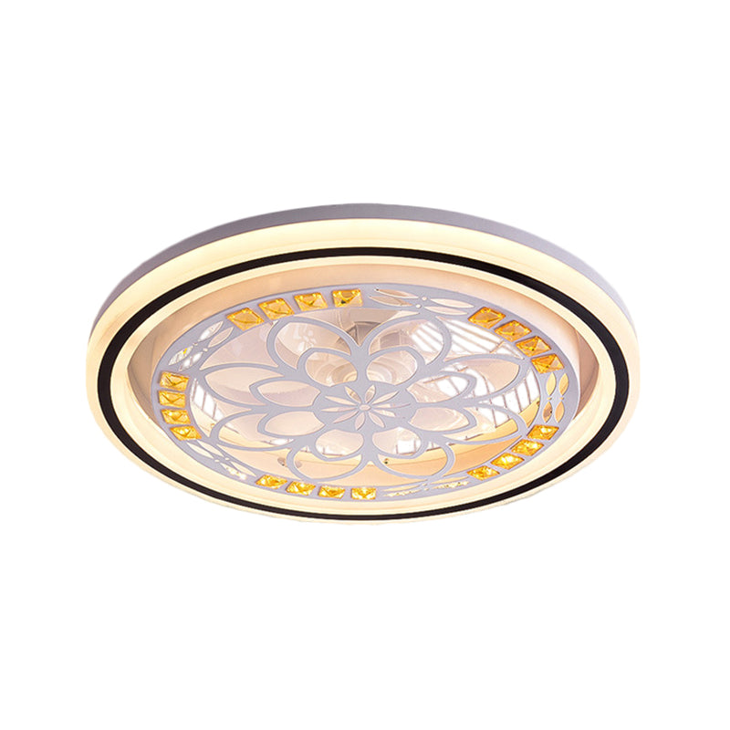 21.5' W LED Crystal Blocks Hanging Fan Lamp Contemporary White Round Dinning Room Semi Flush Light with 7 Blades Clearhalo 'Ceiling Fans with Lights' 'Ceiling Fans' 'Modern Ceiling Fans' 'Modern' Lighting' 1503674
