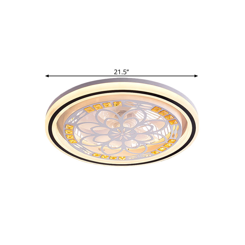 21.5' W LED Crystal Blocks Hanging Fan Lamp Contemporary White Round Dinning Room Semi Flush Light with 7 Blades Clearhalo 'Ceiling Fans with Lights' 'Ceiling Fans' 'Modern Ceiling Fans' 'Modern' Lighting' 1503675
