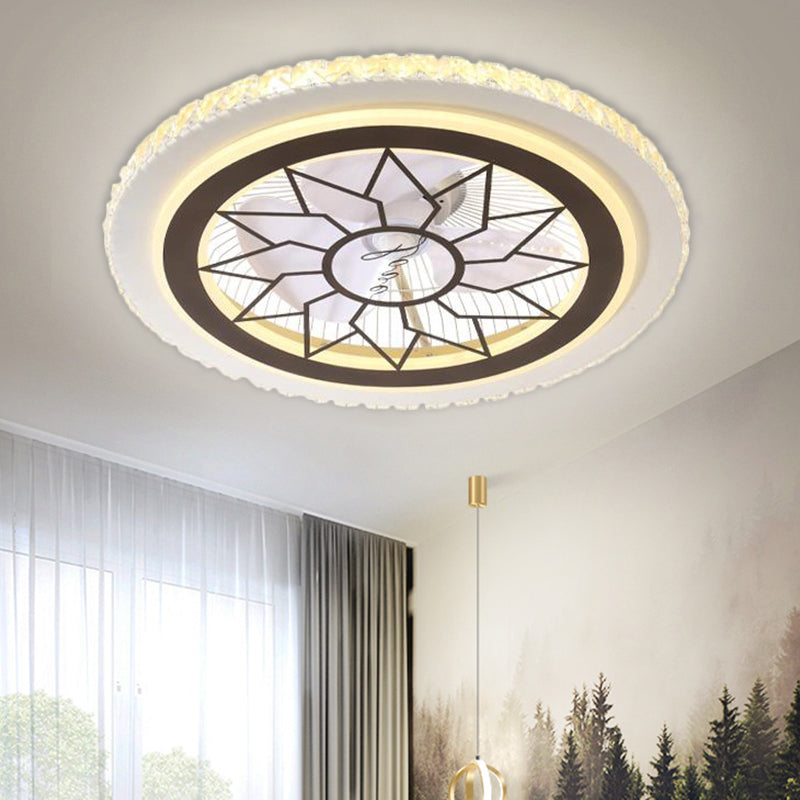 21.5' W LED Crystal Blocks Hanging Fan Lamp Contemporary White Round Dinning Room Semi Flush Light with 7 Blades Clearhalo 'Ceiling Fans with Lights' 'Ceiling Fans' 'Modern Ceiling Fans' 'Modern' Lighting' 1503677