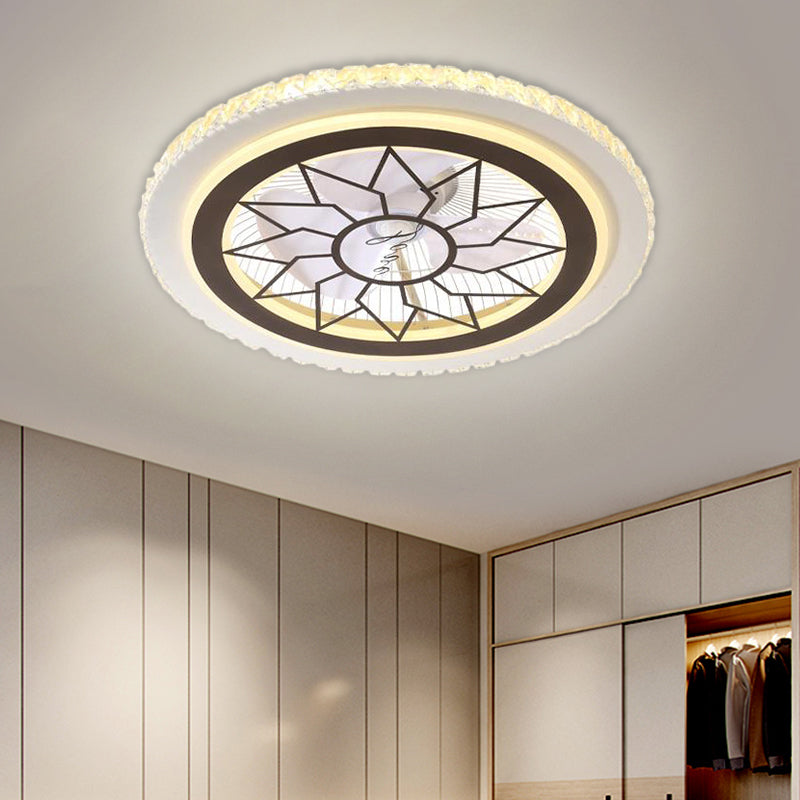 21.5' W LED Crystal Blocks Hanging Fan Lamp Contemporary White Round Dinning Room Semi Flush Light with 7 Blades Clearhalo 'Ceiling Fans with Lights' 'Ceiling Fans' 'Modern Ceiling Fans' 'Modern' Lighting' 1503678
