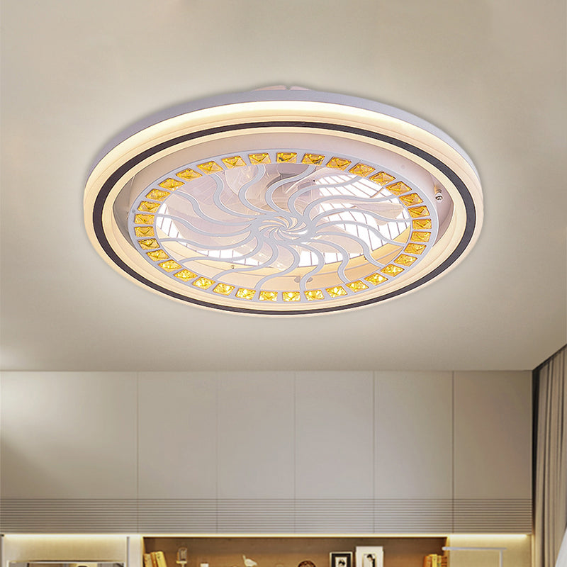 21.5' W LED Crystal Blocks Hanging Fan Lamp Contemporary White Round Dinning Room Semi Flush Light with 7 Blades White C Clearhalo 'Ceiling Fans with Lights' 'Ceiling Fans' 'Modern Ceiling Fans' 'Modern' Lighting' 1503681