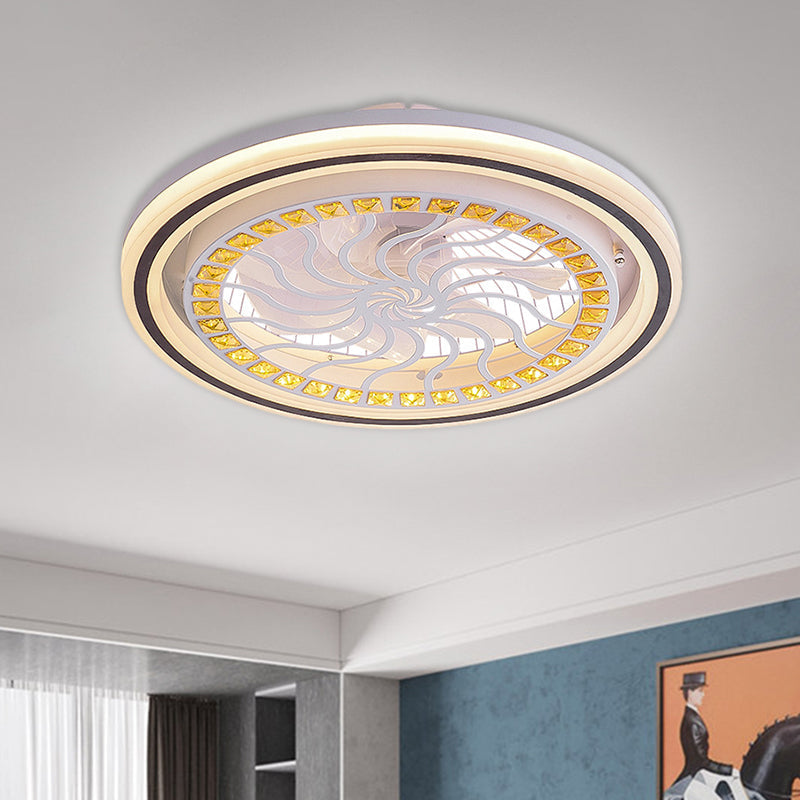21.5' W LED Crystal Blocks Hanging Fan Lamp Contemporary White Round Dinning Room Semi Flush Light with 7 Blades Clearhalo 'Ceiling Fans with Lights' 'Ceiling Fans' 'Modern Ceiling Fans' 'Modern' Lighting' 1503683