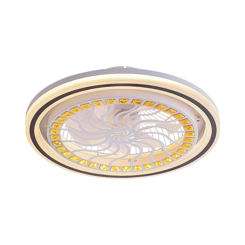 21.5' W LED Crystal Blocks Hanging Fan Lamp Contemporary White Round Dinning Room Semi Flush Light with 7 Blades Clearhalo 'Ceiling Fans with Lights' 'Ceiling Fans' 'Modern Ceiling Fans' 'Modern' Lighting' 1503684