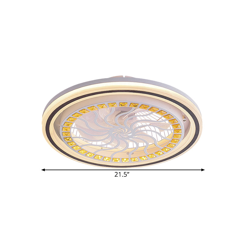 21.5' W LED Crystal Blocks Hanging Fan Lamp Contemporary White Round Dinning Room Semi Flush Light with 7 Blades Clearhalo 'Ceiling Fans with Lights' 'Ceiling Fans' 'Modern Ceiling Fans' 'Modern' Lighting' 1503685