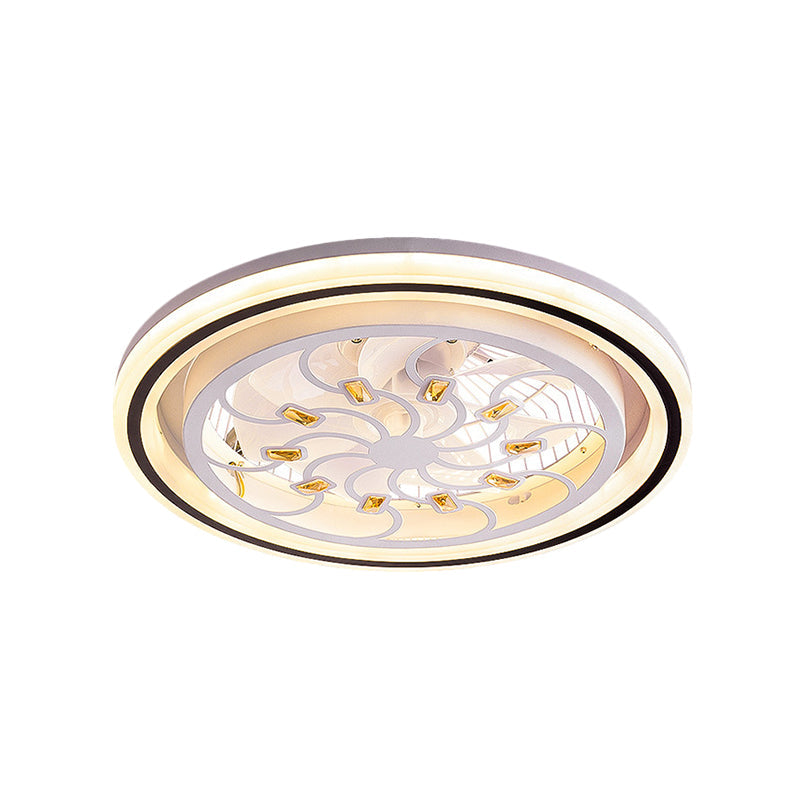 21.5' W LED Crystal Blocks Hanging Fan Lamp Contemporary White Round Dinning Room Semi Flush Light with 7 Blades Clearhalo 'Ceiling Fans with Lights' 'Ceiling Fans' 'Modern Ceiling Fans' 'Modern' Lighting' 1503689