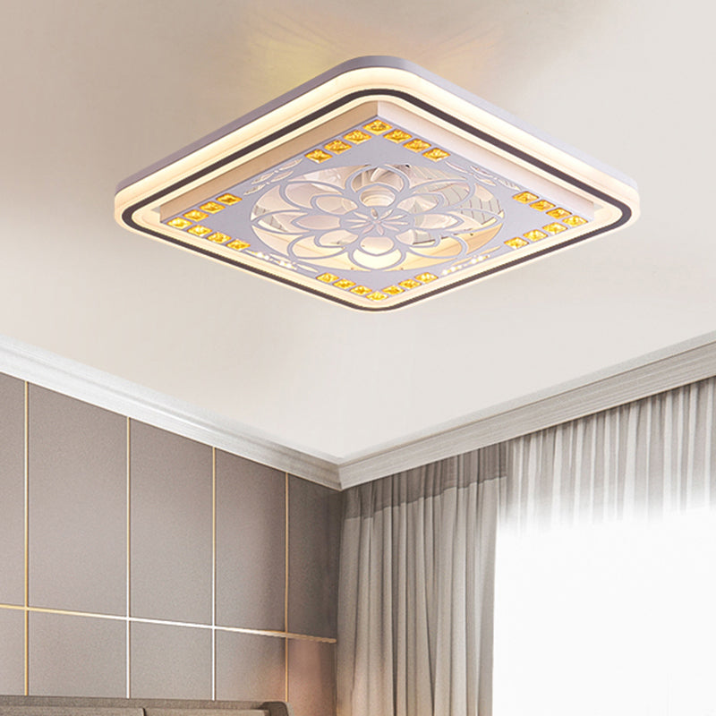 7 Blades LED Square Semi Flush Light Modern White Crystal Blocks Pendant Fan Lamp, 21.5" Wide White B Clearhalo 'Ceiling Fans with Lights' 'Ceiling Fans' 'Modern Ceiling Fans' 'Modern' Lighting' 1503695