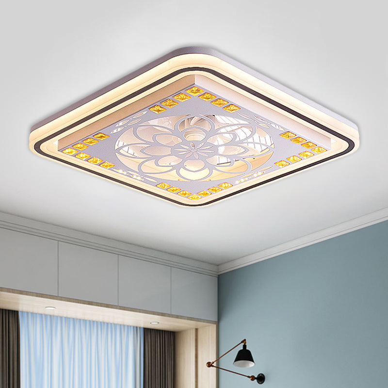 7 Blades LED Square Semi Flush Light Modern White Crystal Blocks Pendant Fan Lamp, 21.5" Wide Clearhalo 'Ceiling Fans with Lights' 'Ceiling Fans' 'Modern Ceiling Fans' 'Modern' Lighting' 1503697