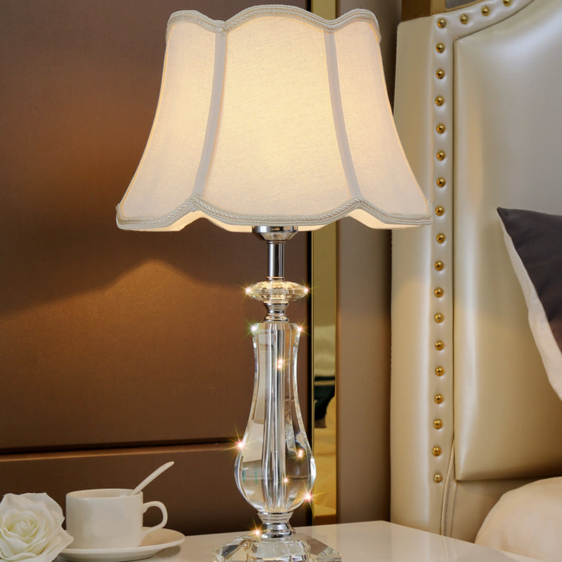 1 Head Flared/Pleated Shade Table Light Traditional Beige/Burgundy/Sky Blue Fabric Nightstand Lamp with Crystal Column Clearhalo 'Lamps' 'Table Lamps' Lighting' 1503739