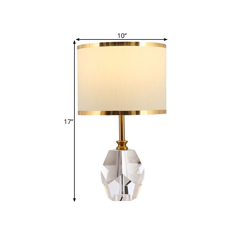 White Drum Nightstand Lamp Traditional 1 Bulb Fabric Shade Sitting Room Crystal Table Light Clearhalo 'Lamps' 'Table Lamps' Lighting' 1503751
