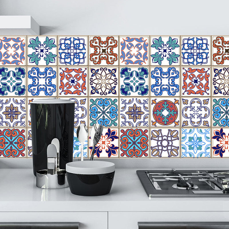 Flower Tiles Wallpaper Panel Set Multicolored Bohemian Wall Covering for Restroom, Adhesive Blue-Purple Clearhalo 'Wall Decor' 'Wallpaper' 1504431