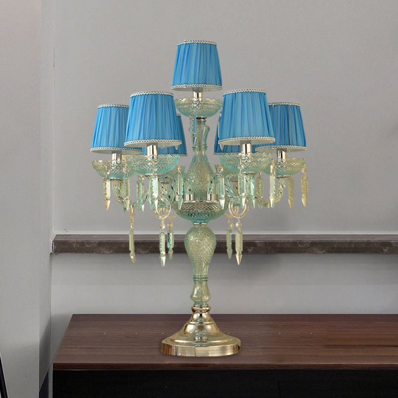 Crystal Blue Nightstand Lamp Candlestick 5/6/7 Bulbs Traditional Sleeping Room Table Light with Barrel Fabric Shade Clearhalo 'Lamps' 'Table Lamps' Lighting' 1504485