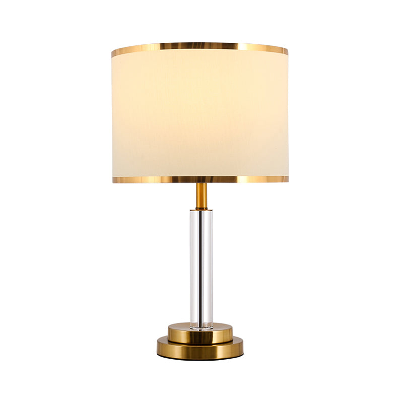 White 1 Bulb Table Light Traditional Fabric Shade Circular Night Stand Lamp with Clear Crystal Lamp-Post Clearhalo 'Lamps' 'Table Lamps' Lighting' 1504491