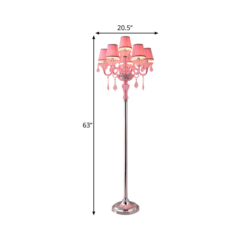 Crystal Pink Floor Reading Lamp Candlestick 5/6/7-Head Traditional Standing Light with Pleated Lampshade Clearhalo 'Floor Lamps' 'Lamps' Lighting' 1504530