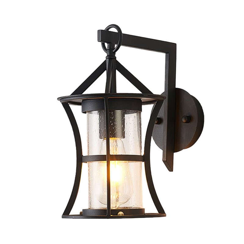 Black One Light Sconce Light Industrial Clear Glass Cylinder Lighting Fixture with Rectangle/Round Backplate Clearhalo 'Art deco wall lights' 'Cast Iron' 'Glass' 'Industrial wall lights' 'Industrial' 'Middle century wall lights' 'Modern' 'Rustic wall lights' 'Tiffany' 'Traditional wall lights' 'Wall Lamps & Sconces' 'Wall Lights' Lighting' 150477