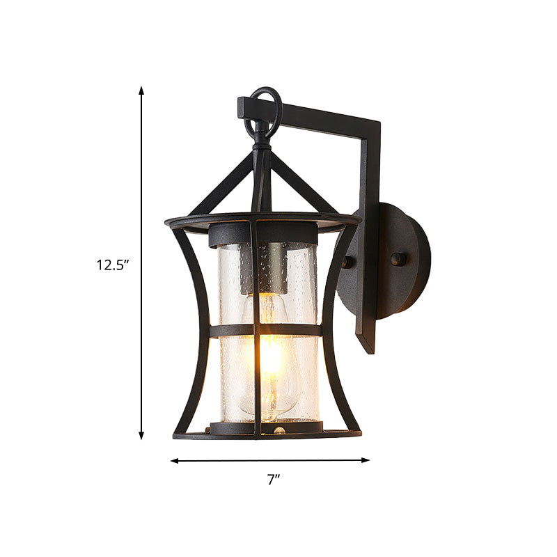 Black One Light Sconce Light Industrial Clear Glass Cylinder Lighting Fixture with Rectangle/Round Backplate Clearhalo 'Art deco wall lights' 'Cast Iron' 'Glass' 'Industrial wall lights' 'Industrial' 'Middle century wall lights' 'Modern' 'Rustic wall lights' 'Tiffany' 'Traditional wall lights' 'Wall Lamps & Sconces' 'Wall Lights' Lighting' 150478