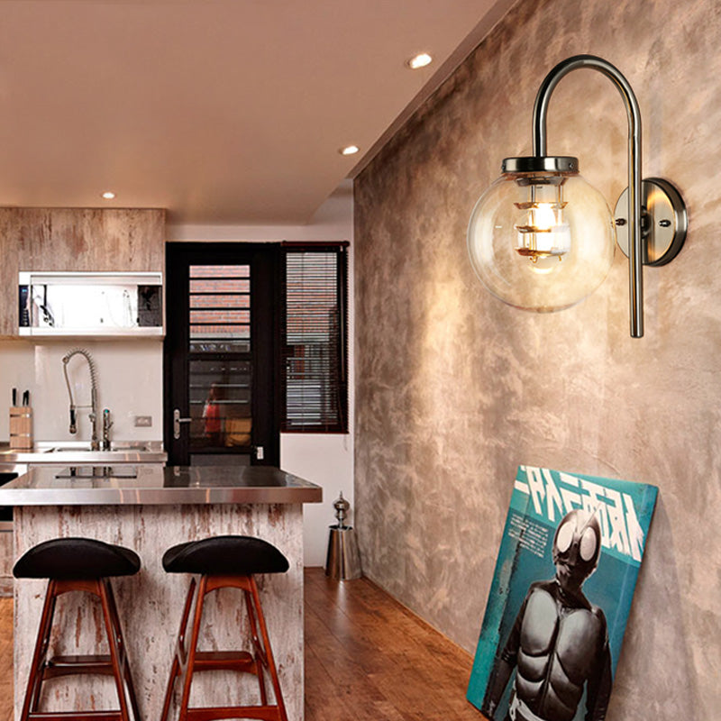 1 Light Globe Sconce Light Vintage Black/Stainless-Steel Clear Glass Wall Lamp for Bedroom with Gooseneck Clearhalo 'Art deco wall lights' 'Cast Iron' 'Glass' 'Industrial wall lights' 'Industrial' 'Middle century wall lights' 'Modern' 'Rustic wall lights' 'Tiffany' 'Traditional wall lights' 'Wall Lamps & Sconces' 'Wall Lights' Lighting' 150508