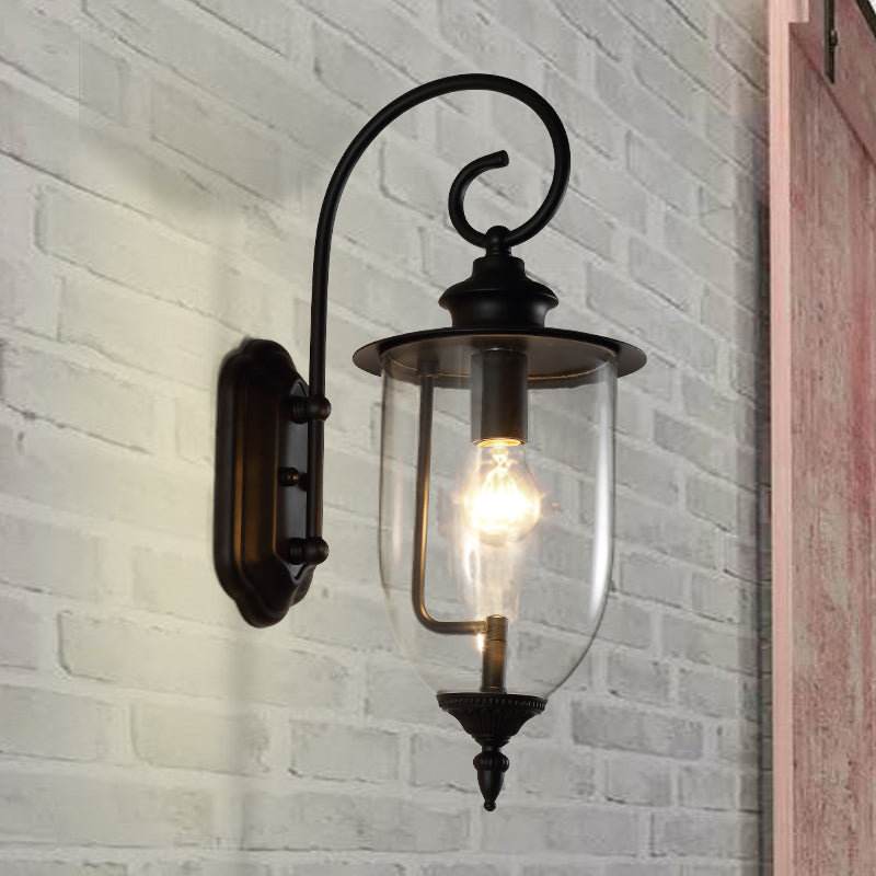 Urn Shade Clear Glass Wall Mounted Lamp Industrial Single Bulb Outdoor Sconce Light with Curved Arm Black Clearhalo 'Art deco wall lights' 'Cast Iron' 'Glass' 'Industrial wall lights' 'Industrial' 'Middle century wall lights' 'Modern' 'Rustic wall lights' 'Tiffany' 'Traditional wall lights' 'Wall Lamps & Sconces' 'Wall Lights' Lighting' 150510