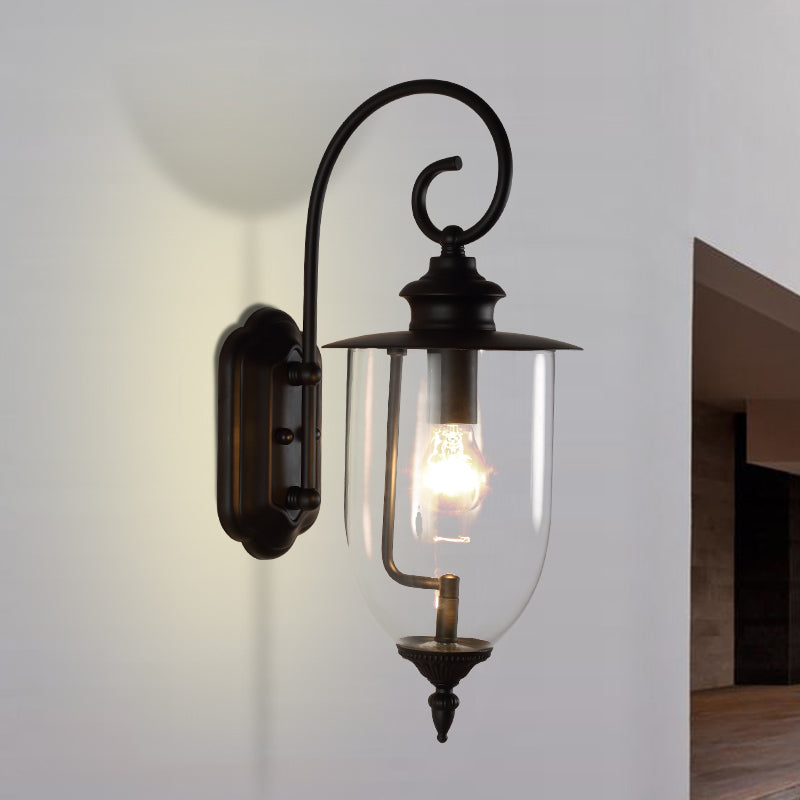 Urn Shade Clear Glass Wall Mounted Lamp Industrial Single Bulb Outdoor Sconce Light with Curved Arm Clearhalo 'Art deco wall lights' 'Cast Iron' 'Glass' 'Industrial wall lights' 'Industrial' 'Middle century wall lights' 'Modern' 'Rustic wall lights' 'Tiffany' 'Traditional wall lights' 'Wall Lamps & Sconces' 'Wall Lights' Lighting' 150511