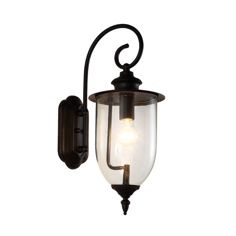 Urn Shade Clear Glass Wall Mounted Lamp Industrial Single Bulb Outdoor Sconce Light with Curved Arm Clearhalo 'Art deco wall lights' 'Cast Iron' 'Glass' 'Industrial wall lights' 'Industrial' 'Middle century wall lights' 'Modern' 'Rustic wall lights' 'Tiffany' 'Traditional wall lights' 'Wall Lamps & Sconces' 'Wall Lights' Lighting' 150512