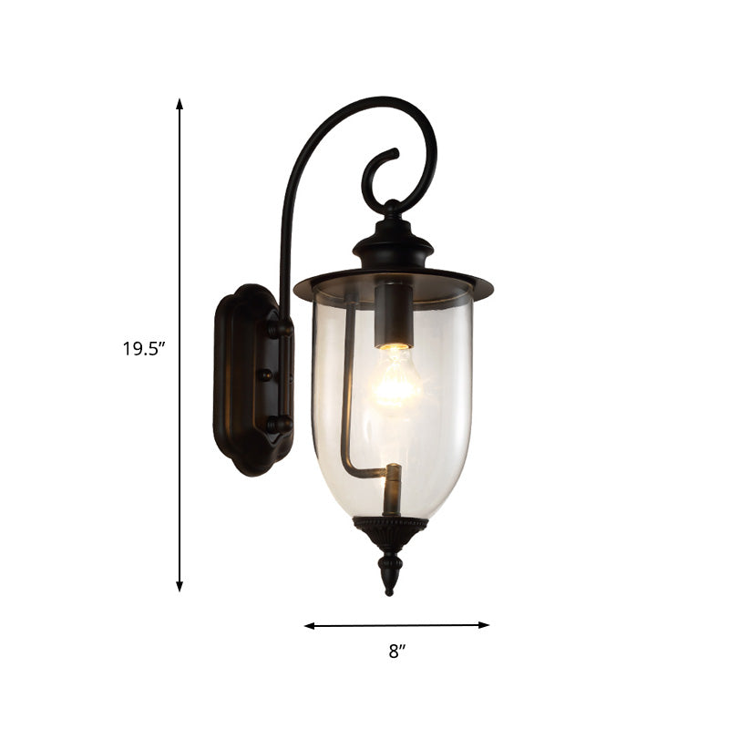 Urn Shade Clear Glass Wall Mounted Lamp Industrial Single Bulb Outdoor Sconce Light with Curved Arm Clearhalo 'Art deco wall lights' 'Cast Iron' 'Glass' 'Industrial wall lights' 'Industrial' 'Middle century wall lights' 'Modern' 'Rustic wall lights' 'Tiffany' 'Traditional wall lights' 'Wall Lamps & Sconces' 'Wall Lights' Lighting' 150513