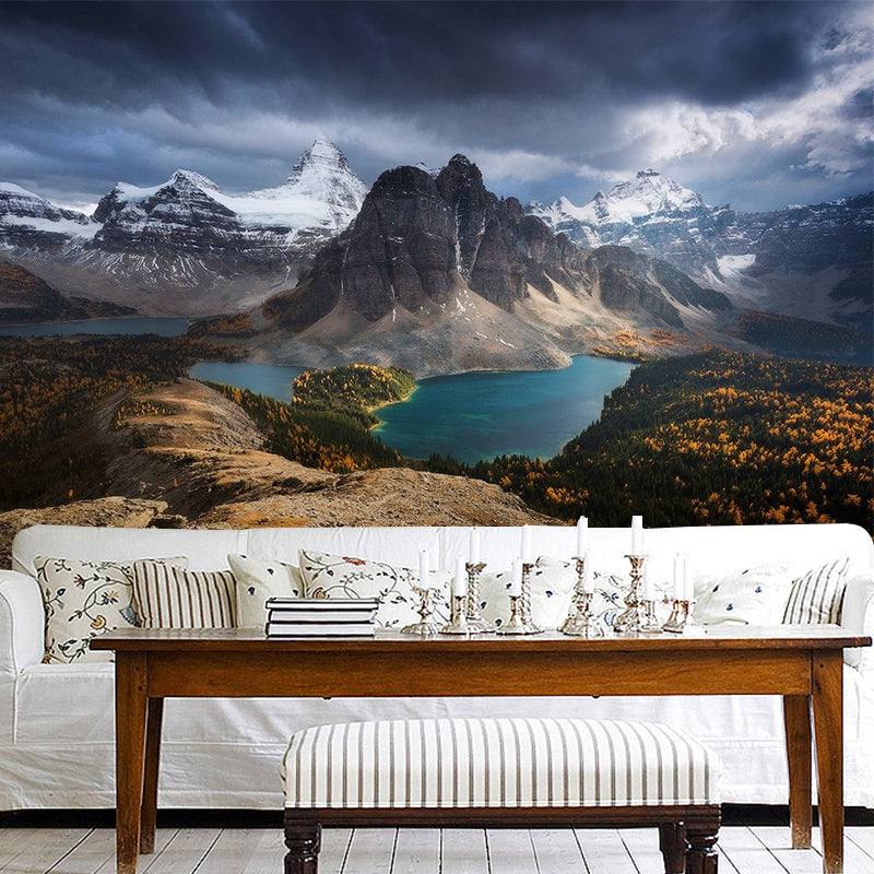 Grey Scenery Wall Paper Mural River Mountain with Flower Field Modern Washable Wall Art Grey Clearhalo 'Wall Decor' 'Wall Mural' 1505133