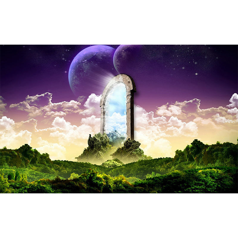 Large Nightfall Mountain Mural Modern Magic Arched Entrance to the North Wall Art in Green Clearhalo 'Wall Decor' 'Wall Mural' 1505181