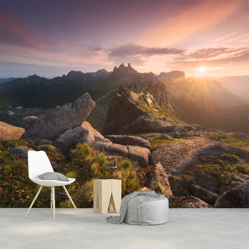 Large Mountain Sunset Landscape Mural Brown Non-Woven Fabric Wall Art, Washable, Optional Size Brown Clearhalo 'Wall Decor' 'Wall Mural' 1505258