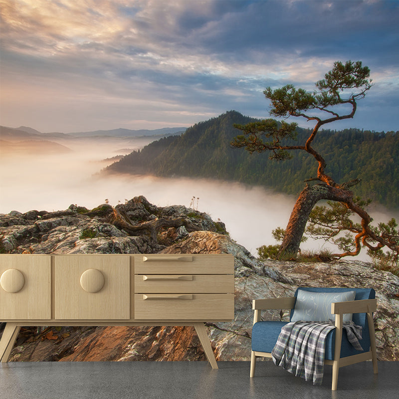 Brown Contemporary Mural Wallpaper Whole Pine Tree at Peak of Foggy Mountain Wall Art for Home Clearhalo 'Wall Decor' 'Wall Mural' 1505350