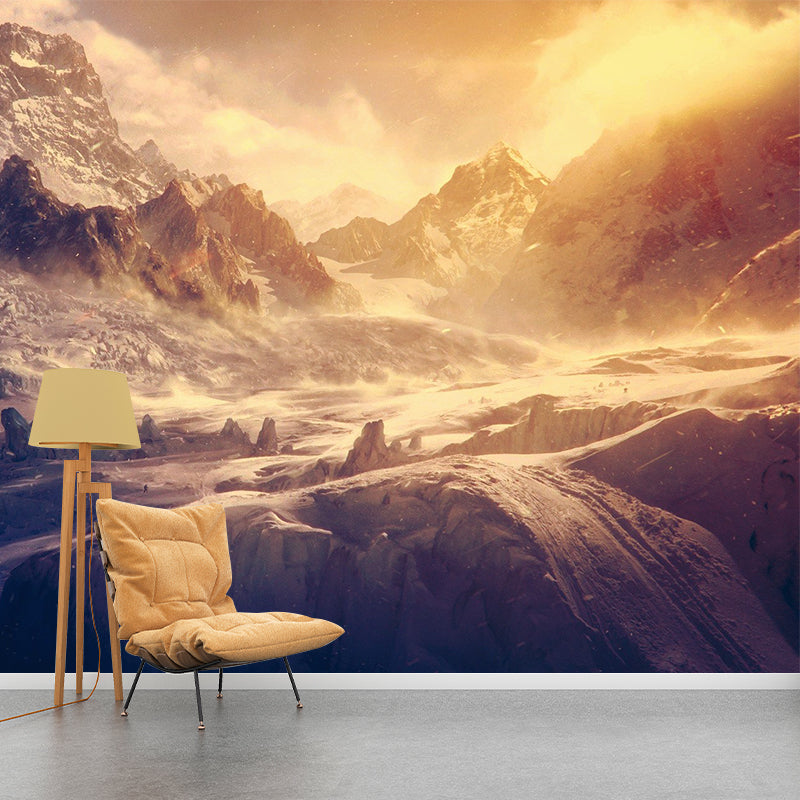 Nightfall Snow Mountain Wallpaper Mural Modern Smooth Wall Art in Brown for Living Room Brown Clearhalo 'Wall Decor' 'Wall Mural' 1505363