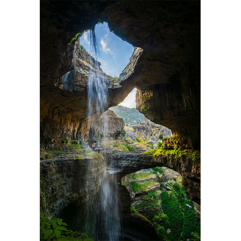Modern Interior View Mural Green Cave with Cascade Landscape Wall Decor, Made to Measure Clearhalo 'Wall Decor' 'Wall Mural' 1505411