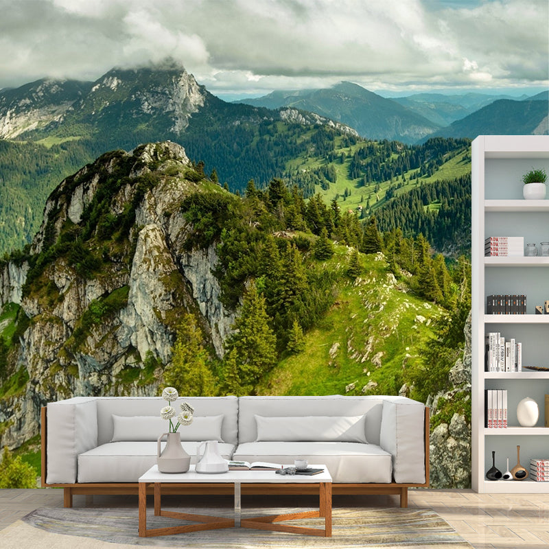 Aerial View of Mountain Mural Wallpaper Green Modern Style Wall Covering for Living Room Green Clearhalo 'Wall Decor' 'Wall Mural' 1505423