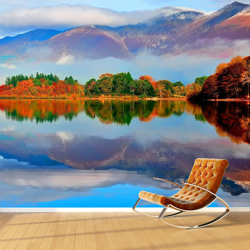 Blue Contemporary Wall Mural Big Autumn Forest by the Mirror Lake Wall Decor for Home Clearhalo 'Wall Decor' 'Wall Mural' 1505429