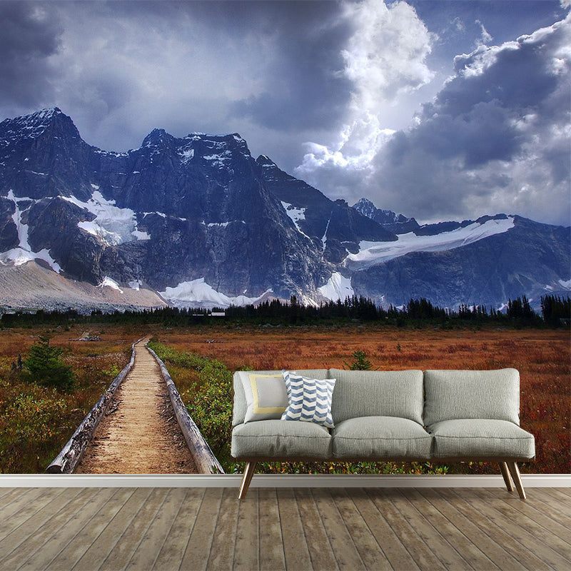 Blue Pathway Scene Wallpaper Mural Snow Melting Mountain Modern Washable Wall Covering Blue Clearhalo 'Wall Decor' 'Wall Mural' 1505438