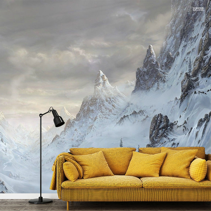 Mountain Covered with Snow Mural in White Modern Style Wall Art for Living Room, Custom Print White Clearhalo 'Wall Decor' 'Wall Mural' 1505448