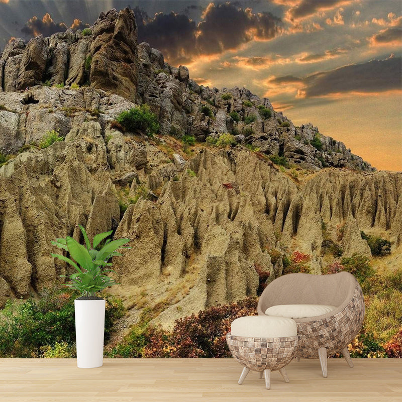 Photography Sun Behind Mountain Mural Decal Big Wall Decor for Living Room, Made to Measure Brown Clearhalo 'Wall Decor' 'Wall Mural' 1505458