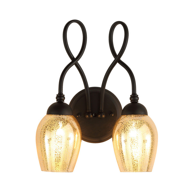 1/2-Light Wall Sconce Lighting Curved Arm Crackled Mercury Glass Industrial Bedroom Light Fixture in Black Clearhalo 'Art deco wall lights' 'Cast Iron' 'Glass' 'Industrial wall lights' 'Industrial' 'Middle century wall lights' 'Modern' 'Rustic wall lights' 'Tiffany' 'Traditional wall lights' 'Wall Lamps & Sconces' 'Wall Lights' Lighting' 150548