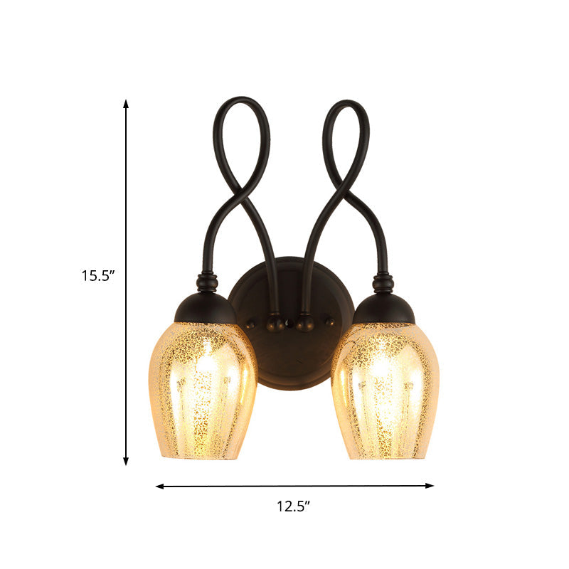 1/2-Light Wall Sconce Lighting Curved Arm Crackled Mercury Glass Industrial Bedroom Light Fixture in Black Clearhalo 'Art deco wall lights' 'Cast Iron' 'Glass' 'Industrial wall lights' 'Industrial' 'Middle century wall lights' 'Modern' 'Rustic wall lights' 'Tiffany' 'Traditional wall lights' 'Wall Lamps & Sconces' 'Wall Lights' Lighting' 150549
